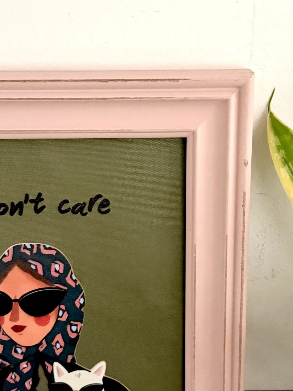 “I Don’t Care” Cat Lady Vintage Style Framed Wall Art Print Pink Green 10.5x12.5